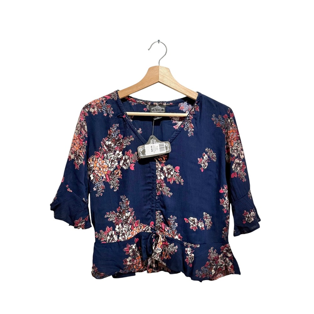 NWT Angie Navy Blue Floral Print 3/4 Sleeve Peplum Boho Blouse - Picture 1 of 4